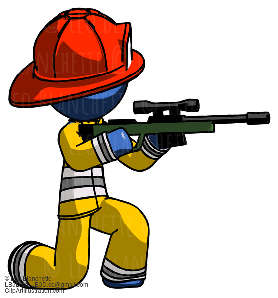 Blue Firefighter Fireman Man Kneeling Shooting Sniper Rifle #14538