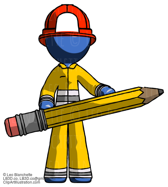 Blue Firefighter Fireman Man Writer Or Blogger Holding Large Pencil #14540