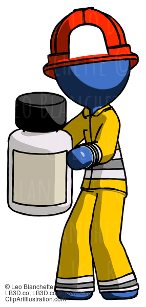 Blue Firefighter Fireman Man Holding White Medicine Bottle #14541