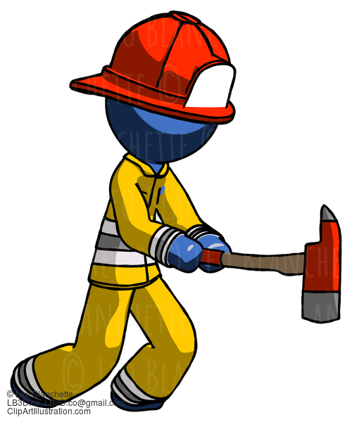 Blue Firefighter Fireman Man With Ax Hitting, Striking, Or Chopping #14544