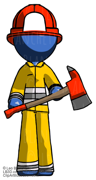 Blue Firefighter Fireman Man Holding Red Fire Fighter’S Ax #14545