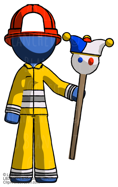 Blue Firefighter Fireman Man Holding Jester Staff #14554