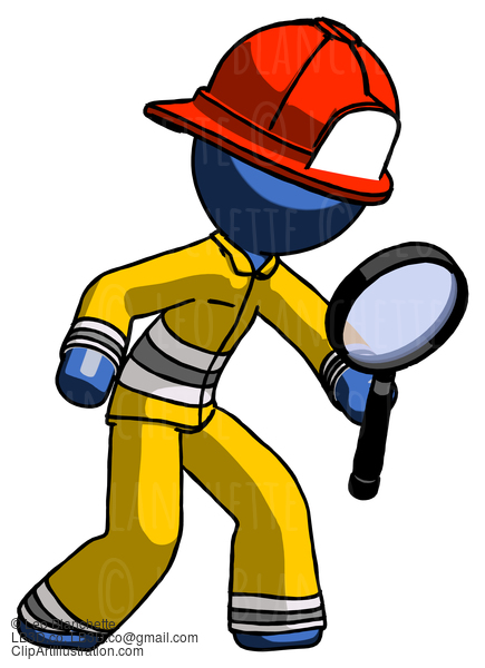 Blue Firefighter Fireman Man Inspecting With Large Magnifying Glass Right #14556