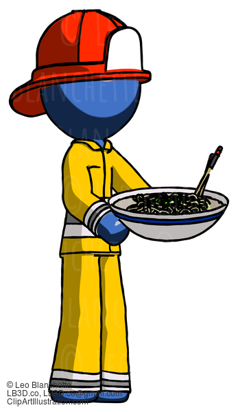 Blue Firefighter Fireman Man Holding Noodles Offering To Viewer #14557