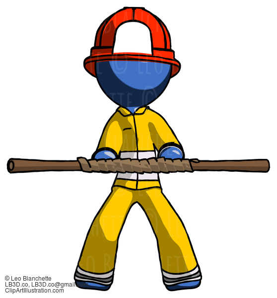 Blue Firefighter Fireman Man Bo Staff Kung Fu Defense Pose #14559