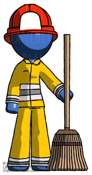 Blue Firefighter Fireman Man Standing With Broom Cleaning Services #14560