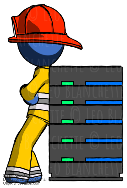 Blue Firefighter Fireman Man Resting Against Server Rack #14567