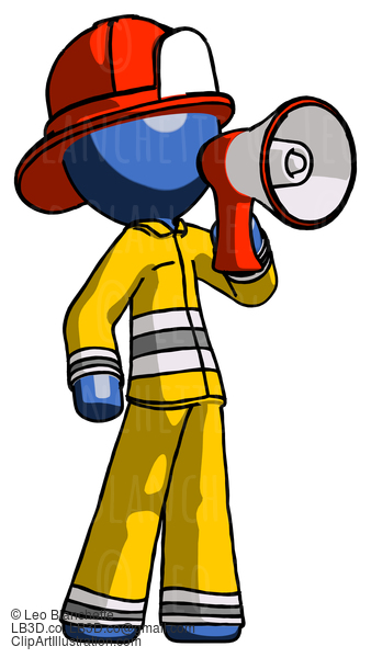 Blue Firefighter Fireman Man Shouting Into Megaphone Bullhorn Facing Right #14570