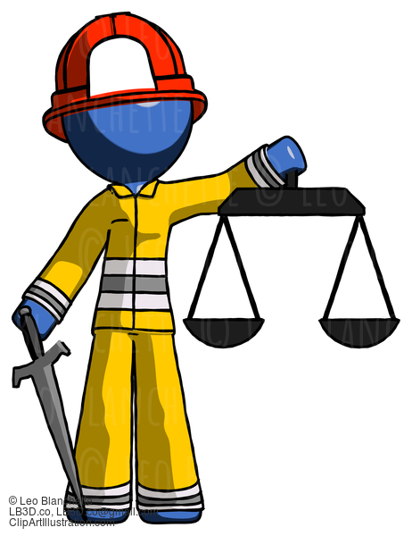 Blue Firefighter Fireman Man Justice Concept With Scales And Sword, Justicia Derived #14573