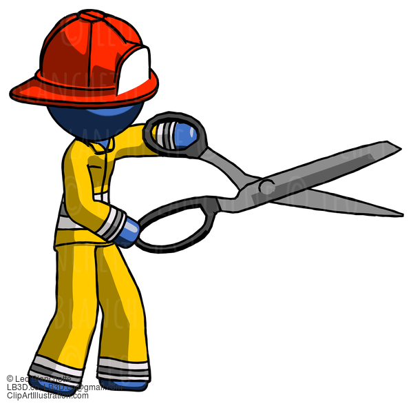 Blue Firefighter Fireman Man Holding Giant Scissors Cutting Out Something #14577