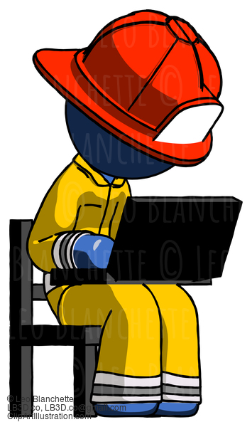 Blue Firefighter Fireman Man Using Laptop Computer While Sitting In Chair Angled Right #14580