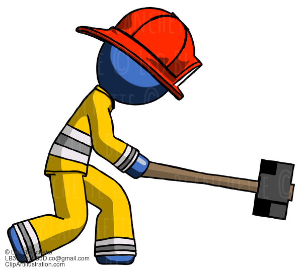 Blue Firefighter Fireman Man Hitting With Sledgehammer, Or Smashing Something #14584