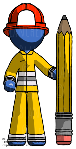 Blue Firefighter Fireman Man With Large Pencil Standing Ready To Write #14590