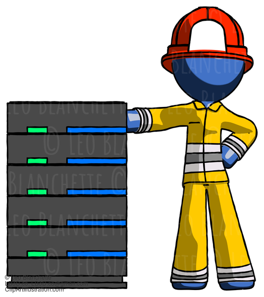 Blue Firefighter Fireman Man With Server Rack Leaning Confidently Against It #14591