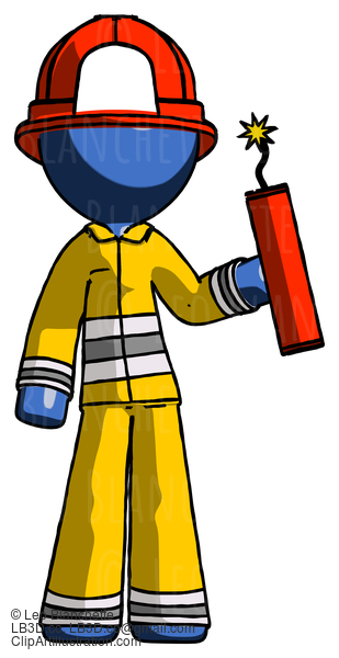 Blue Firefighter Fireman Man Holding Dynamite With Fuse Lit #14592