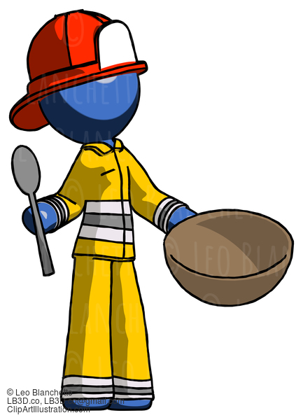 Blue Firefighter Fireman Man With Empty Bowl And Spoon Ready To Make Something #14594