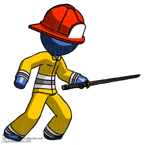 Blue Firefighter Fireman Man Stabbing With Ninja Sword Katana #14602