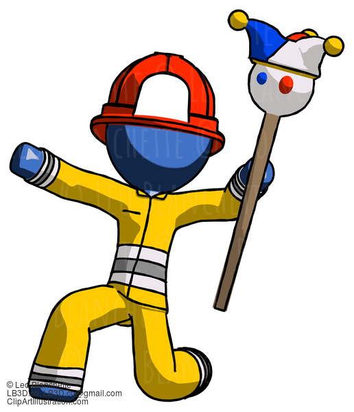 Blue Firefighter Fireman Man Holding Jester Staff Posing Charismatically #14604