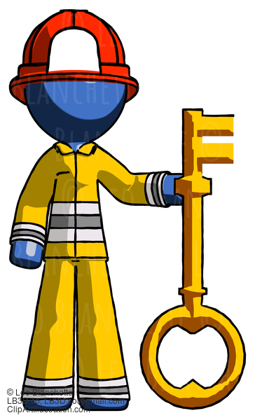 Blue Firefighter Fireman Man Holding Key Made Of Gold #14605