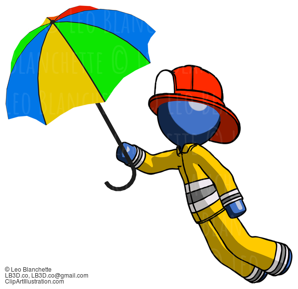 Blue Firefighter Fireman Man Flying With Rainbow Colored Umbrella #14606