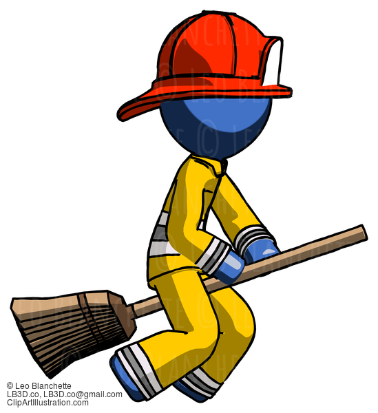 Blue Firefighter Fireman Man Flying On Broom #14608