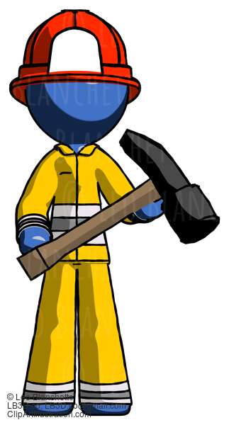 Blue Firefighter Fireman Man Holding Hammer Ready To Work #14617