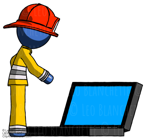 Blue Firefighter Fireman Man Using Large Laptop Computer Side Orthographic View #14619