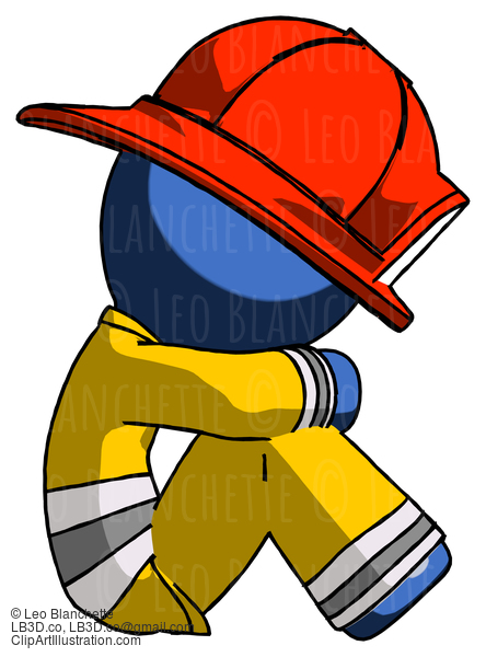 Blue Firefighter Fireman Man Sitting With Head Down Facing Sideways Right #14623