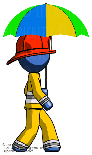 Blue Firefighter Fireman Man Walking With Colored Umbrella #14628