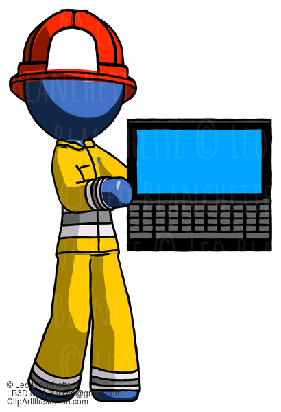 Blue Firefighter Fireman Man Holding Laptop Computer Presenting Something On Screen #14630