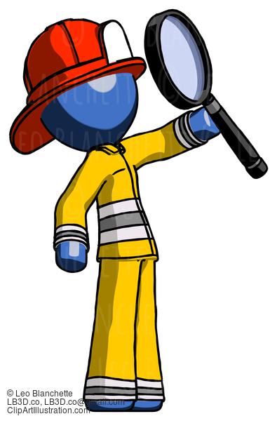 Blue Firefighter Fireman Man Inspecting With Large Magnifying Glass Facing Up #14632