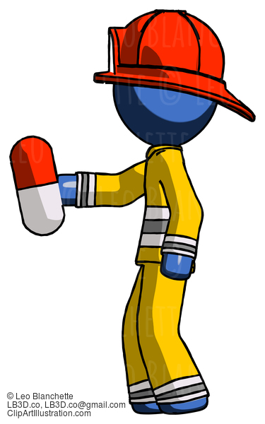 Blue Firefighter Fireman Man Holding Red Pill Walking To Left #14634