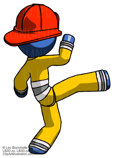 Blue Firefighter Fireman Man Kick Pose #14636