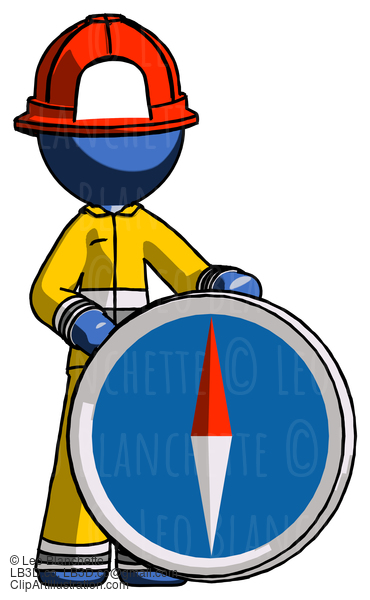 Blue Firefighter Fireman Man Standing Beside Large Compass #14639