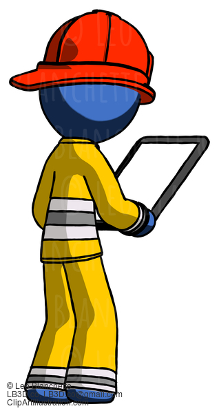 Blue Firefighter Fireman Man Looking At Tablet Device Computer Facing Away #14640