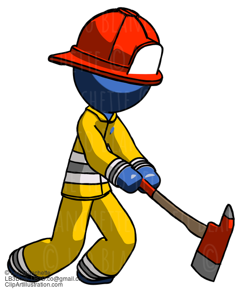 Blue Firefighter Fireman Man Striking With A Red Firefighter’S Ax #14642