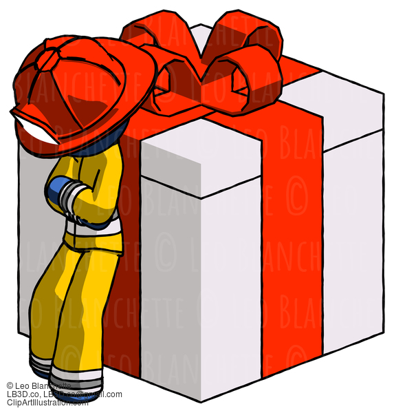 Blue Firefighter Fireman Man Leaning On Gift With Red Bow Angle View #14643