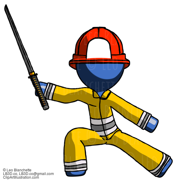 Blue Firefighter Fireman Man With Ninja Sword Katana In Defense Pose #14645