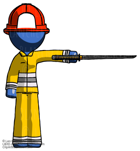 Blue Firefighter Fireman Man Standing With Ninja Sword Katana Pointing Right #14648