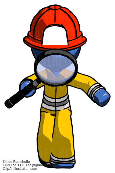 Blue Firefighter Fireman Man Looking Down Through Magnifying Glass #14650