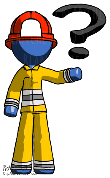 Blue Firefighter Fireman Man Holding Question Mark To Right #14651