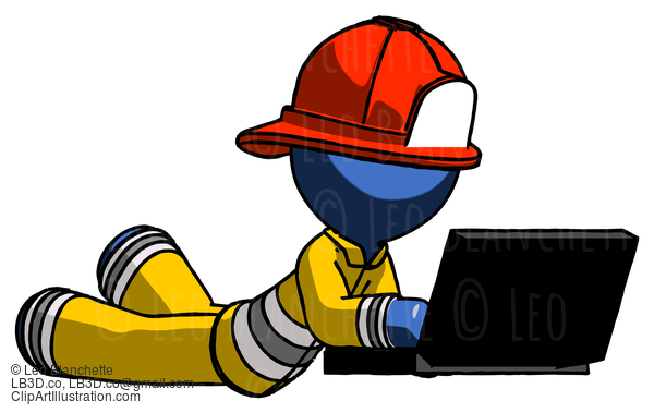 Blue Firefighter Fireman Man Using Laptop Computer While Lying On Floor Side Angled View #14653