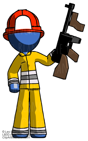 Blue Firefighter Fireman Man Holding Tommygun #14659