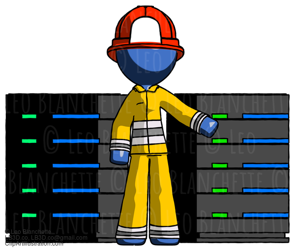 Blue Firefighter Fireman Man With Server Racks, In Front Of Two Networked Systems #14660