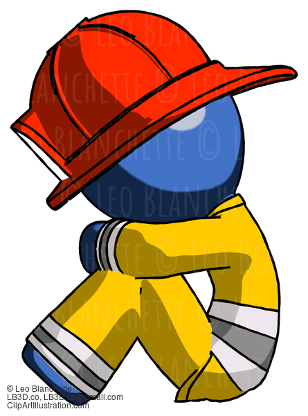 Blue Firefighter Fireman Man Sitting With Head Down Facing Sideways Left #14664