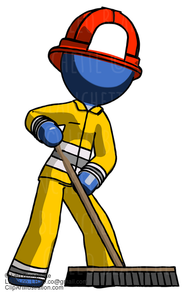 Blue Firefighter Fireman Man Cleaning Services Janitor Sweeping Floor With Push Broom #14665