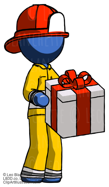 Blue Firefighter Fireman Man Giving A Present #14666