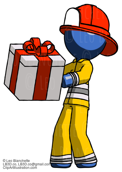 Blue Firefighter Fireman Man Presenting A Present With Large Red Bow On It #14670