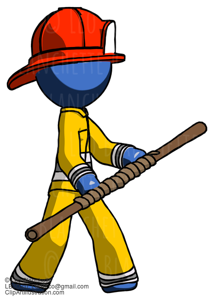 Blue Firefighter Fireman Man Holding Bo Staff In Sideways Defense Pose #14673