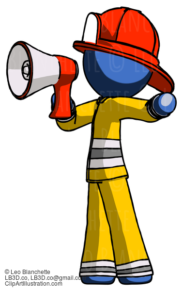 Blue Firefighter Fireman Man Shouting Into Megaphone Bullhorn Facing Left #14674